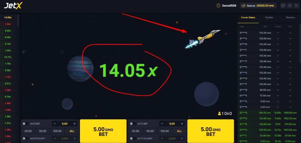 JetX flight at 14.05x on Mostbet