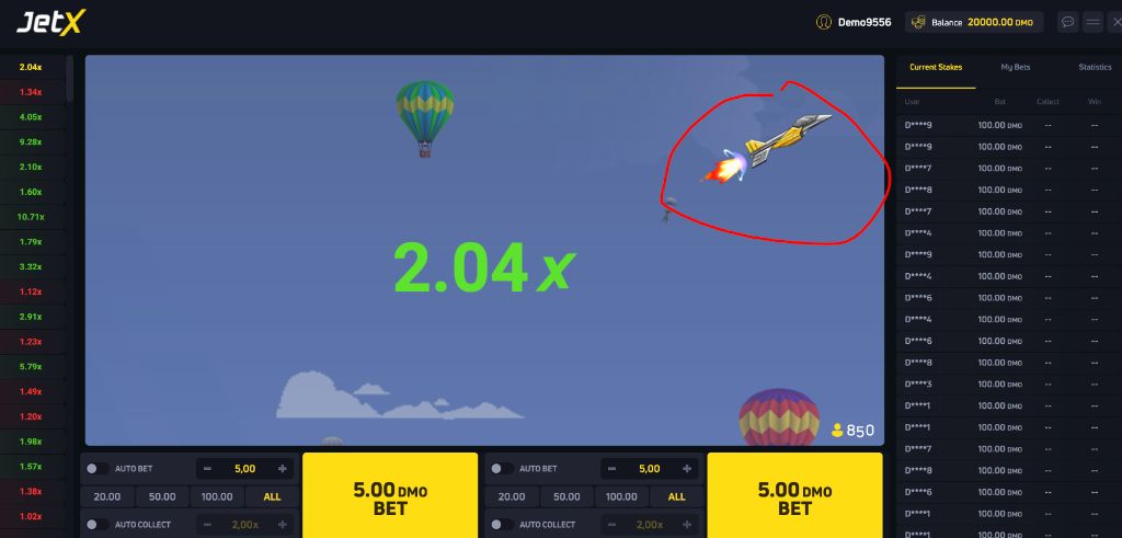 JetX flight at 2.04x on 1win